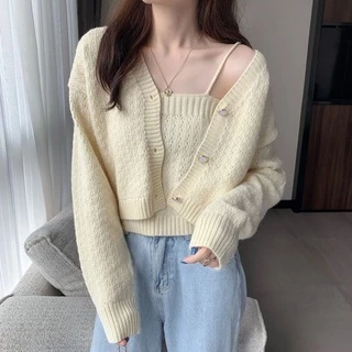 Áo Khoác Cardigan Thun Len Nữ Nguyên Set Áo 2 Dây + Áo Khoác Len