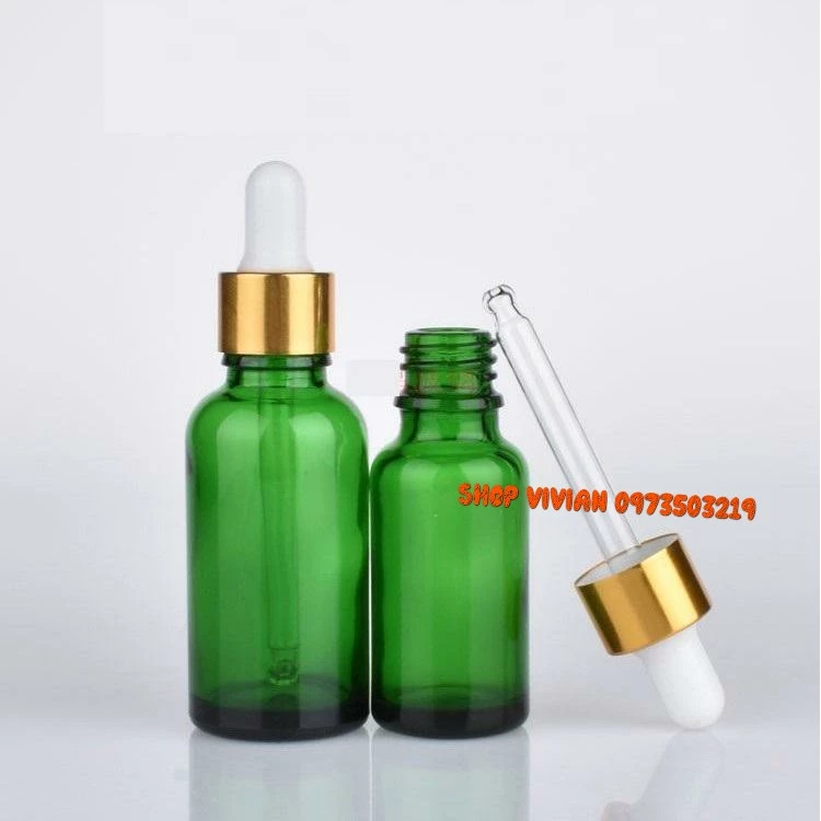 Chai Lọ Đựng Tinh Dầu, serum, thân thủy tinh màu xanh lá nắp bóp nhôm vàng đủ mọi dung tích