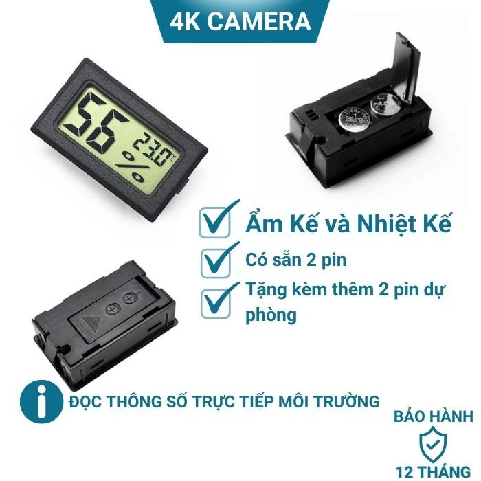 Ẩm kế và nhiệt kế điện tử nhỏ gọn có sẵn 2 pin bên trong và tặng kèm thêm 2 pin