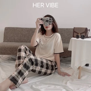 Bộ mặc nhà quần dài đồ ngủ nữ pijama chất cotton sọc siêu thấm hút hình dễ thương Her Vibe