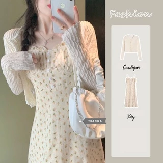 Set váy hai dây hoa dáng dài và áo cardigan ulzzang Hàn Quốc