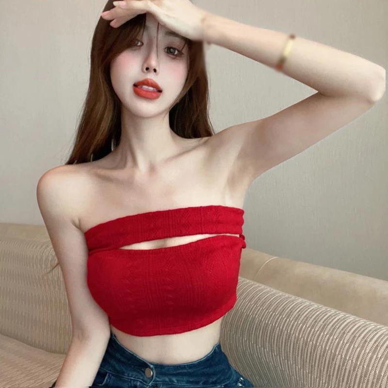 Áo Croptop Áo Tank Top Nữ Đỏ Áo Dệt Kim Không Tay Hở Vai Màu Sắc Đơn Giản Quyến Rũ Dành Cho Nữ