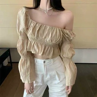 (Xả kho giá gốc) Áo kiểu croptop trễ vai chun eo, tay áo may chun ống loe, chất voan xịn