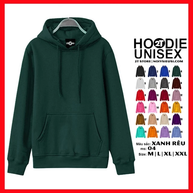 Áo hoodie unisex 2T Store H04 màu xanh rêu - Áo khoác nỉ chui đầu nón 2 lớp dày dặn chất lượng đẹp