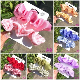 Set 2 dây buộc tóc, dây cột tóc scrunchies caro phi bóng siêu xinh Orin K1178 K1179