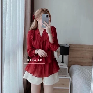 ( MIỄN PHI SHIP 2024) Set tiẻu thư nữ áo babydoll xòe tầng, set nữ cổ V chất vải voan mềm mại, sét bộ tiểu thư áo tầng