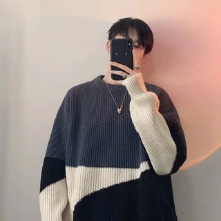 Áo Sweater Dệt Kim Dày Dặn Dáng Rộng Cổ Tròn Màu Tương Phản Thời Trang Thu Đông Cho Nam