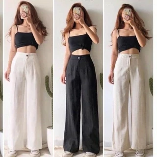 Quần ống rộng vải đũi dáng dài khóa thật lưng thun sau kiểu nhật chất mềm - Quần culottes ống suông dài mặc đi làm ở nhà