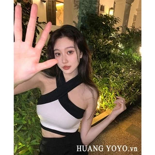 kumikumi HUANG YOYO Áo croptop 2023 Áo Cổ Yếm Dệt Kim Không Tay Thời Trang Nữ