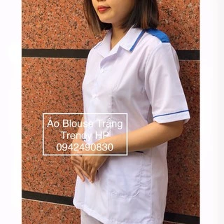 Áo blouse trắng thực tập điều dưỡng, y tá nam nữ cộc tay có cầu vai