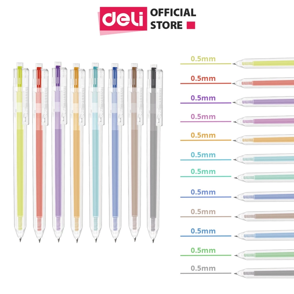 Bút bi nước mực gel Deli - bút bấm, nhiều màu, ngòi 0.5mm, khô nhanh, trơn tru, lâu hết mực EG118