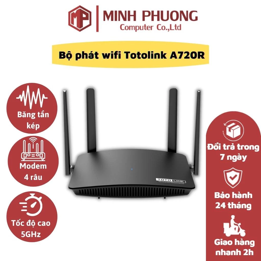 Router Wifi TOTOLINK A720R – Chuẩn AC1200 băng tần kép 5GHz & 2.4GHz – 4 Anten – Hỗ trợ IPTV, Bảo hành chính hãng