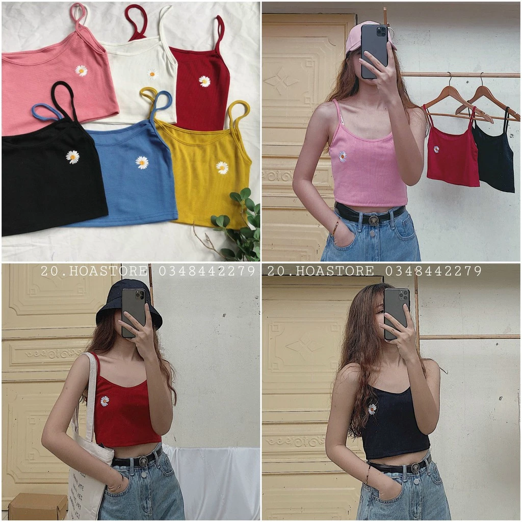 ÁO HAI DÂY CROPTOP THÊU HÌNH HOA CÚC 6 MÀU CHẤT LEN TĂM