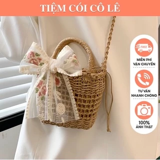 Túi cói mini size 20cm đan thưa thắt nơ ren hoa điệu đà-Tiệm Cói Cô Lê