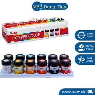 Màu poster Pentel, bộ 12 màu bột pha sẵn POSTER COLOR lọ thuỷ tinh 30ml/ lọ nhựa 12ml