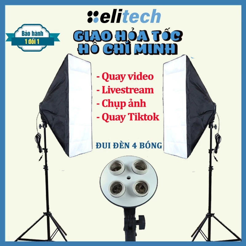 Bộ đèn chụp ảnh sản phẩm studio, quay video tiktok livestream, chân đèn 2m kèm softbox 50x70 đui 4 bóng