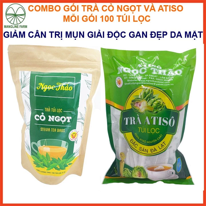 Combo gói trà atiso và cỏ ngọt Ngọc Thảo Đà Lạt mỗi gói 100 túi lọc giúp giảm cân ngăn ngừa mụn đẹp da mặt