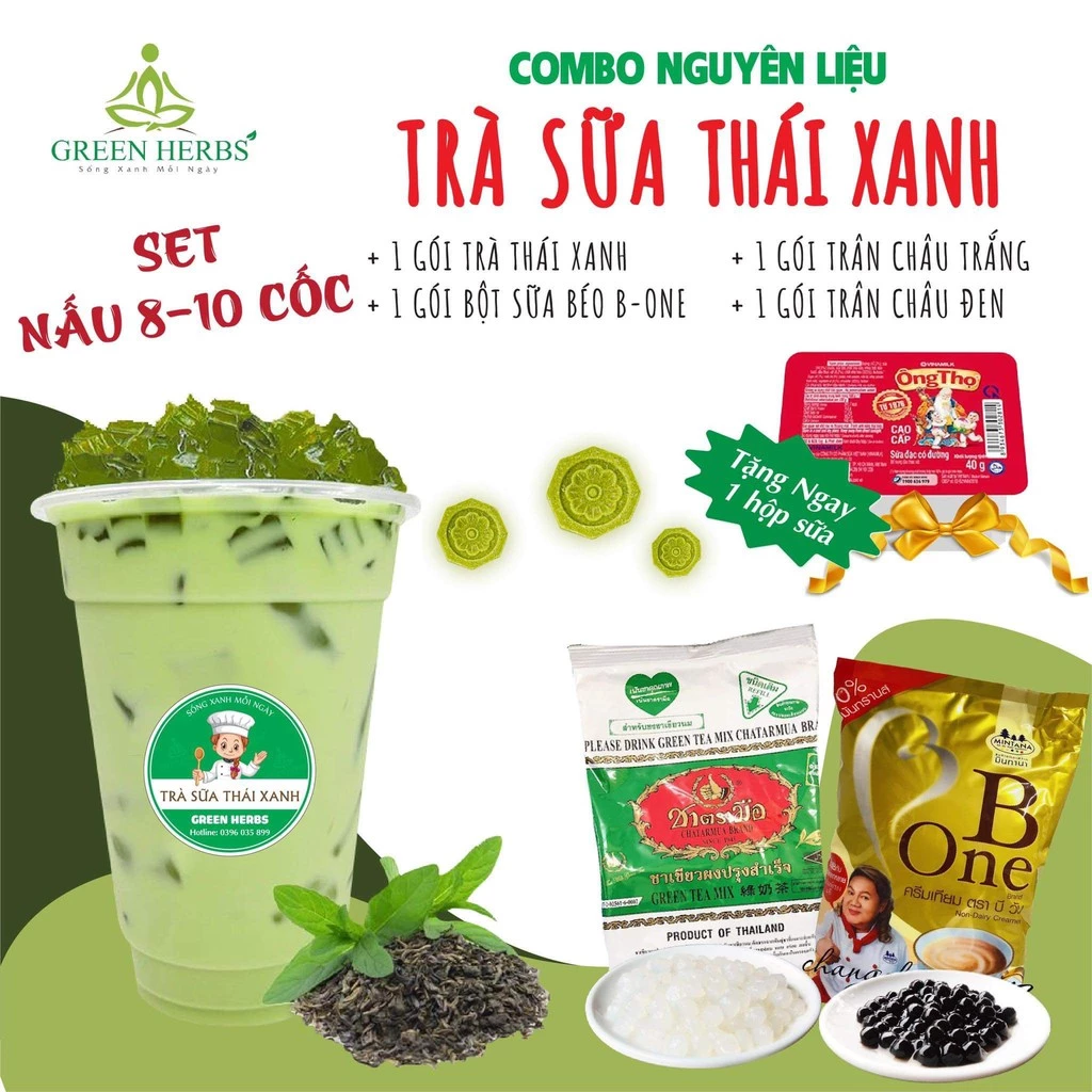 Nguyên liệu Trà Thái xanh matcha, trà Thái đỏ, hồng trà sữa Đài Loan nấu 8-10 cốc