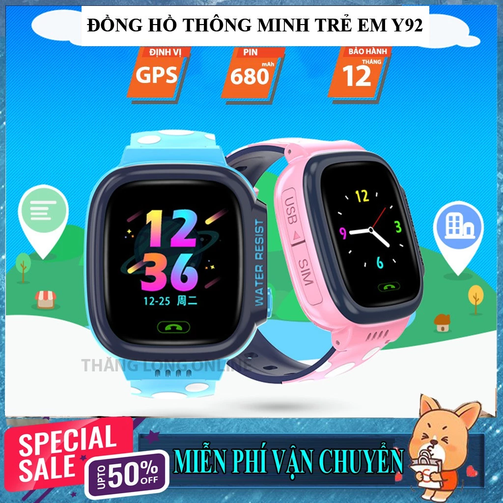 Đồng Hồ Thông Minh Trẻ Em Y92 - Hỗ Trợ Tiếng Việt, Chống Nước IP67 - Lắp Sim Nghe Gọi, Định Vị LPS, 4G/WIFI