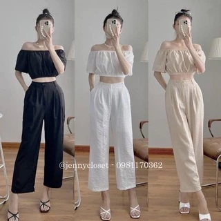 Quần đũi ống rộng nữ dài khoá thật lưng thun chun co giãn dáng quần Culottes ống suông màu đen trắng kem vải đũi mềm mại