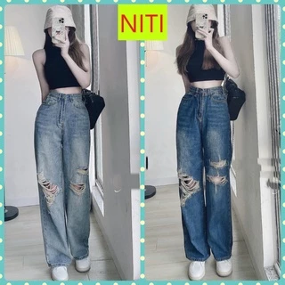 [ ORDM3556.7] QUẦN JEANS ỐNG RỘNG NỮ LƯNG CAO RÁCH 2 MẢNG ĐÙI PHẢI PHỐI MẢNG TO GỐI TRÁI XANH NHẠT ĐẬM LAI CUỐN