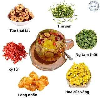 1 gói thử trà an thần, hỗ trợ ngủ ngon giấc 6 vị ( hoa cúc vàng, tim sen, nụ tam thất, kỷ tử, táo thái lát, long nhãn)