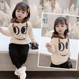 Bộ Nỉ Bông Đôi Mắt Có Mũ Cực Xinh Cho Bé Gái từ 6 -27kg, Bộ Nỉ Thu Đông Cho Bé Kids House