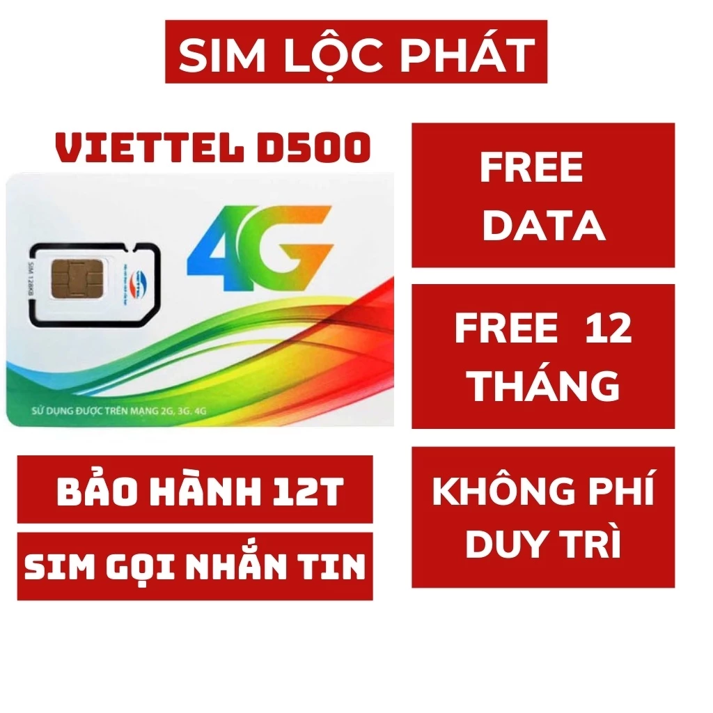 Sim 4G Viettel D500 Trọn Gói 1 Năm, Data 4G Tốc Độ Cao 60Gb/12 Tháng, Không Phí Duy Trì - Sim Lộc Phát 8888