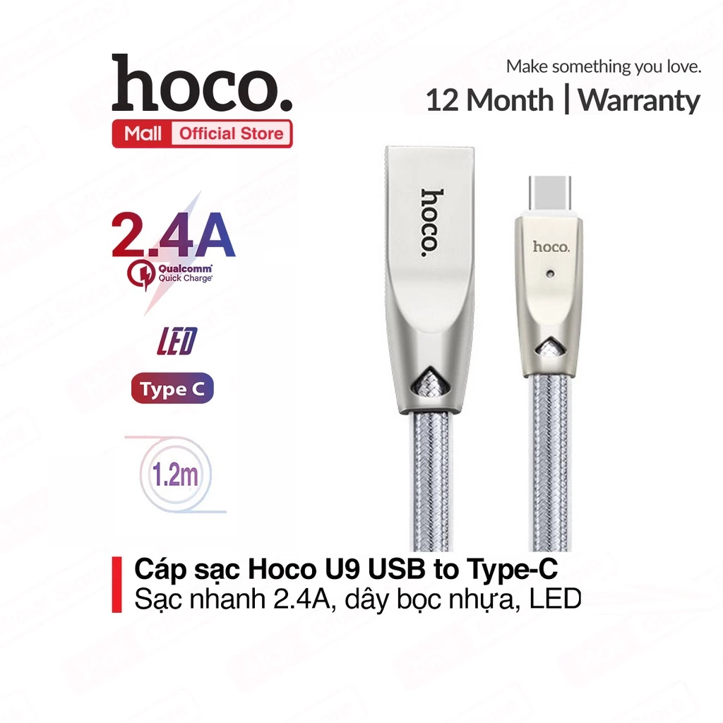 Cáp sạc 2.4A Hoco U9 Type-C dây dẹt truyền dữ liệu nhanh chóng cho Android dài 1.2M ( Bạc )