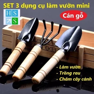 Bộ 03 Dụng cụ làm vườn mini cán gỗ (Xẻng + Bay + Cào đất) dùng đa năng trồng rau trồng hoa chăm cây cảnh tiện lợi