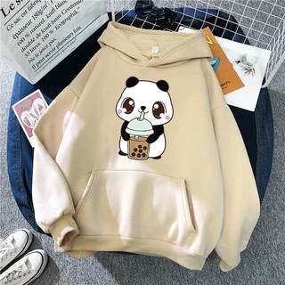 Áo Hoodie Nam Nữ form rộng gấu trúc uống trà sữa cute