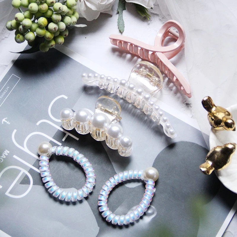 [HCM Giá Rẻ] Set Kẹp Tóc Ngoạm Giả Ngọc Trai Kèm Dây Buộc 5 Chi Tiết Style Korea Siêu Sang