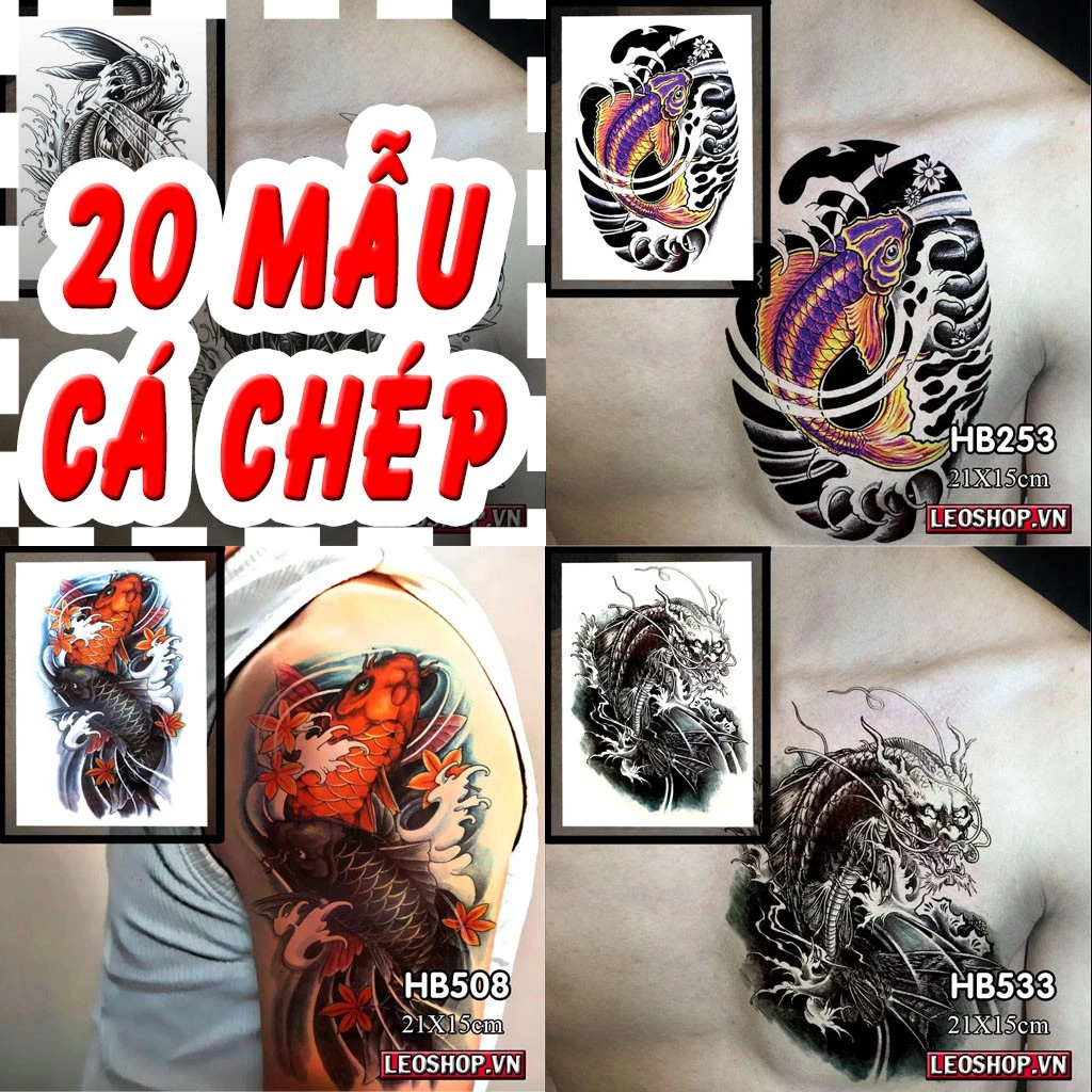 [Loại Ngắn Ngày] Hình Xăm Dán Cá Chép Hóa Rồng Chụp Ảnh, Đóng Phim, Dễ Dàng Tẩy Xóa - Dùng 2-5 Ngày BST 2 (21x15 cm)