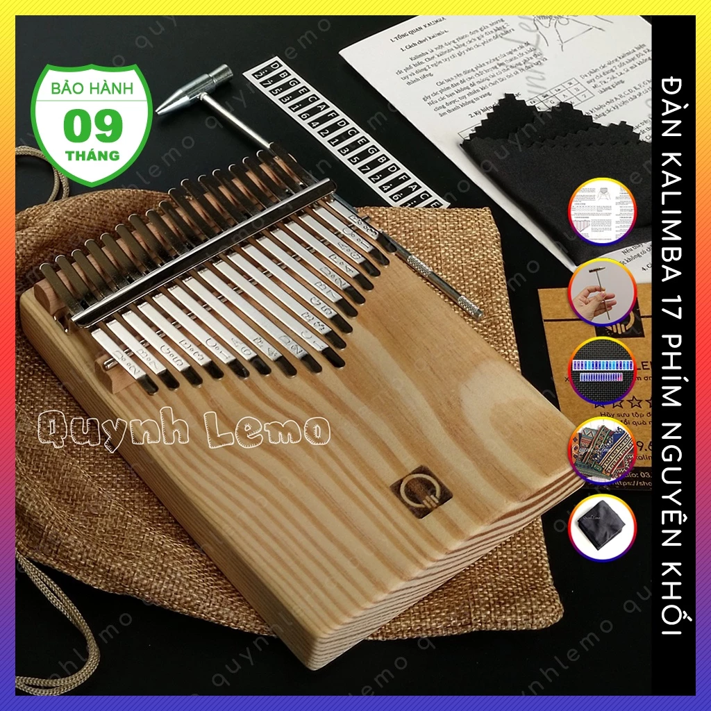 Đàn kalimba 17 phím QUYNHLEMO hình chữ nhật khắc logo, đàn piano ngón tay cái gỗ nguyên khối tặng đủ phụ kiện