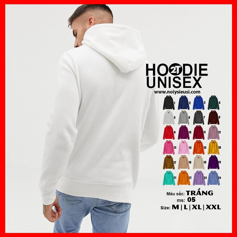 Áo hoodie unisex 2T Store H05 màu trắng - Áo khoác nỉ chui đầu nón 2 lớp dày dặn đẹp chất lượng