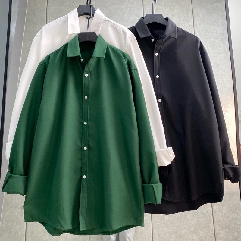 Áo Sơ Mi TRƠN Tay Dài màu TRẮNG/ĐEN/XANH LÁ 🏁 Nam nữ unisex 🏁 Áo sơmi Vải COTTON Form Rộng Jaystoree