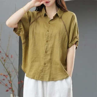 Ice hollow shirt cotton linen short-sleeved tops brand discount counter withdrawal clearance