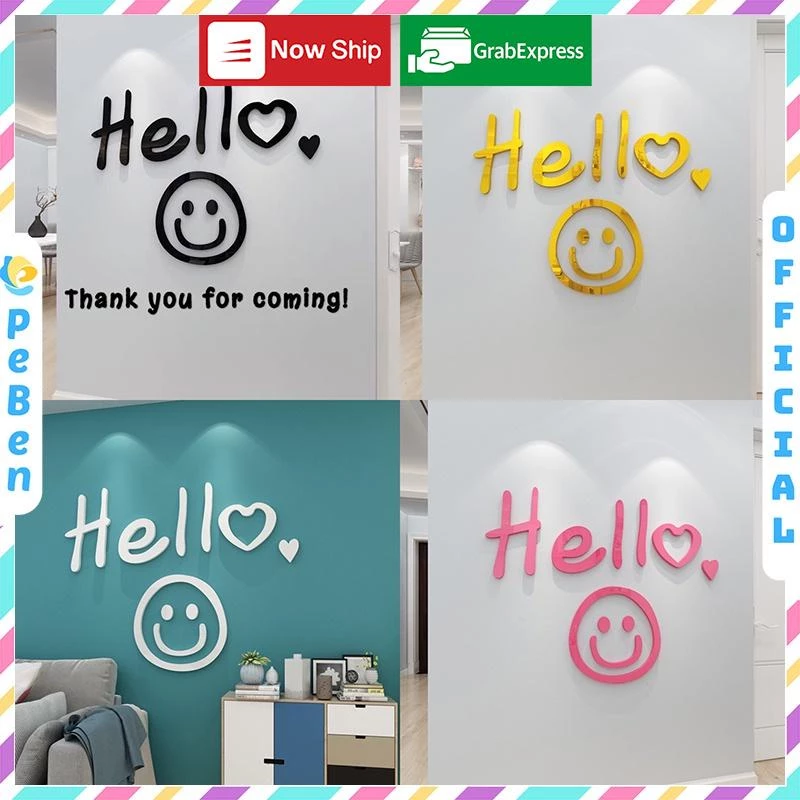 Tranh mica EPeBen dán tường nổi 3d hình Welcome hello mặt cười decor trang trí quán trà sữa, cửa hàng, spa, salon