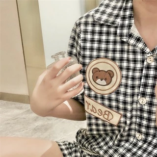 Đồ Ngủ Pyjama Nữ Tay Ngắn Quần Đùi Sọc Caro Gấu Cute