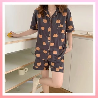 Đồ bộ nữ pijama mặc nhà, bộ ngủ cộc tay, quần áo vải kate thái thô mềm mùa hè kèm ảnh+ video thật HE07