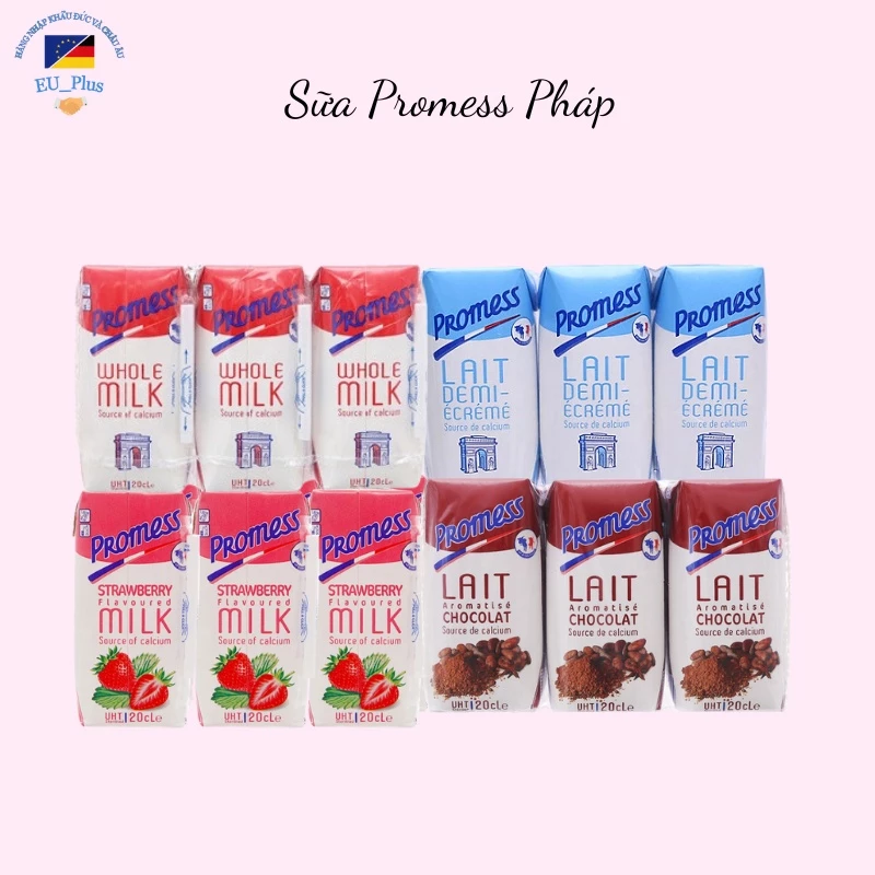 Thùng sữa tươi Promess 200ml - Pháp - Nguyên kem, tách kem, vị Dâu, Vị Socola, Vị CHuối, Vị Vani đủ hàng