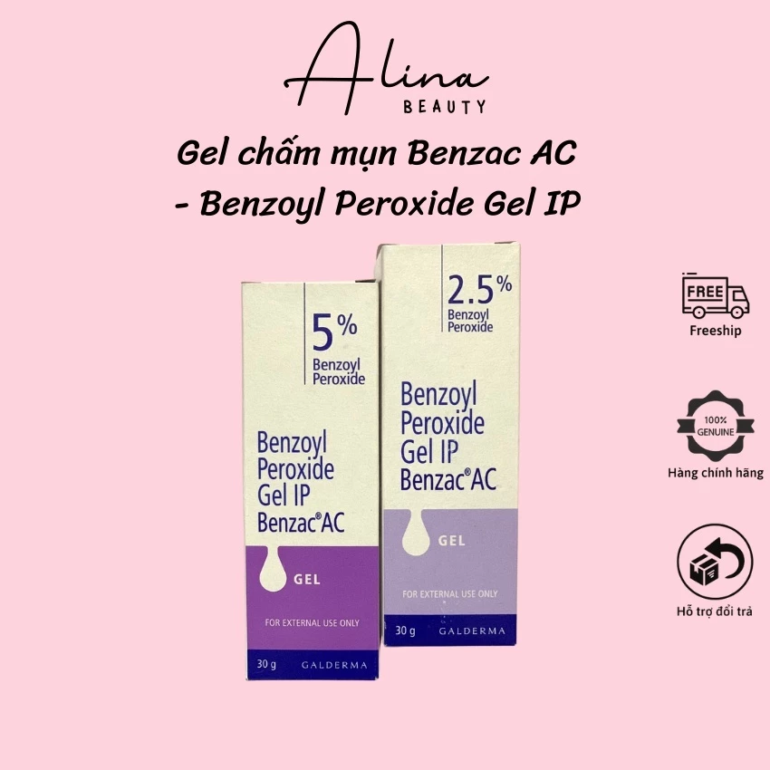 Benzac AC 2.5 - 5% (30g) Ấn Độ Gel chấm mụn, 5 % và 2.5% benzoyl peroxide, giảm sạch mụn