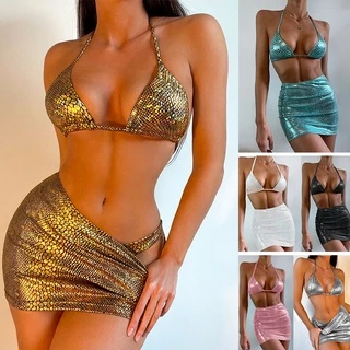 Bộ Đồ Bơi Bikini 3 Mảnh Họa Tiết Da Rắn Có Đệm Nâng Ngực Quyến Rũ Cho Nữ