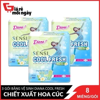 Combo 3 Gói Băng vệ sinh Diana Sensi Cool Fresh Chiếc Xuất Hoa Cúc mát dịu Siêu Mỏng Có Cánh 8 Miếng / Gói