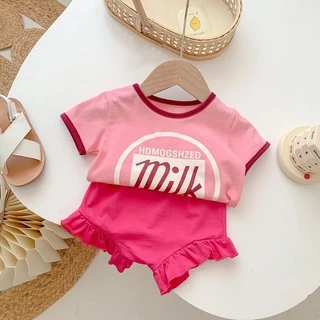 Set Đồ Mùa Hè 2 Món Gồm Áo Cotton Tay Cộc In Chữ + Quần Ngắn Viền Ren Thời Trang Hàn Quốc Cho Bé Gái 1-3 Tuổi