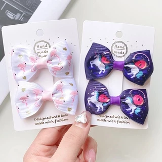 4 Cái / bộ Kỳ Lân In Nơ Kẹp Tóc Cho Trẻ Em Bé Gái Ruy Băng Nơ Handmade Kẹp Tóc Barrettes Mũ Phụ Kiện Tóc