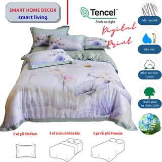 Bộ chăn ga gối nệm cao cấp 100%Tencel 100s Họa tiết hoa sen in kỹ thuật số cực sắc nét, siêu mát mịn