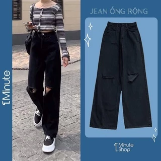 Quần Jean Ống Rộng Đen Rách Gối J31 (Có Bigsize) - Quần jeans dài suông rộng 1Minute