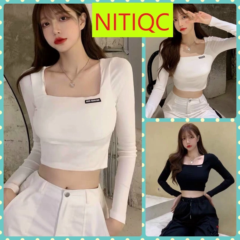 ÁO CROPTOP KIỂU LỬNG NỮ CỔ VUÔNG DÀI TAY PHỐI MẠC ĐEN NGỰC MÀU TRẮNG MÀU ĐEN SIÊU HOT HIT NITIQC