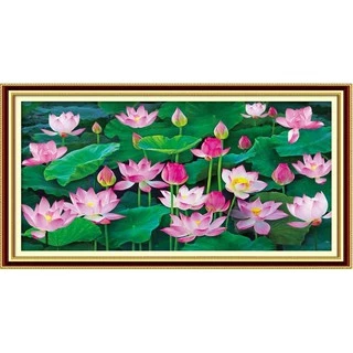 tranh thêu chữ thập hoa sen hồng kt 100x60cm